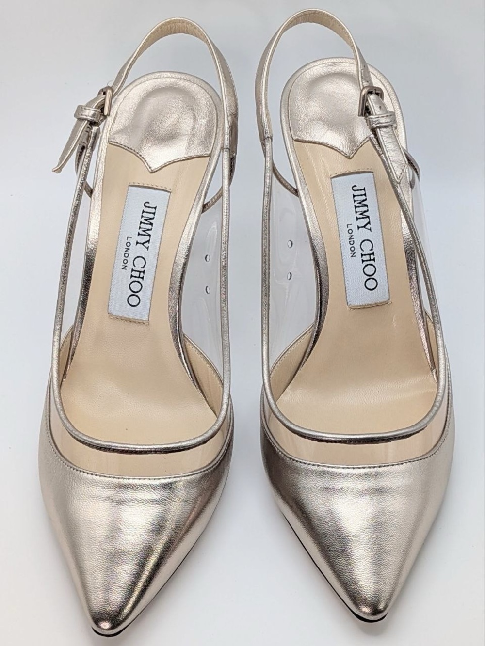 New w/ BoxJimmy Choo “Erin 85” Platinum Leather Slingback Heels Authentic 38.5 - Picture 10 of 16